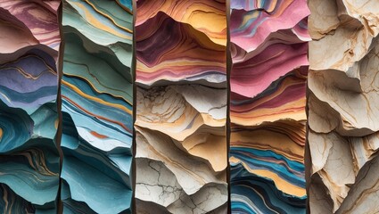 Poster - Multicolored layered textures in vibrant hues of blue, pink, beige and orange, showcasing natural marble patterns, high-resolution close-up.