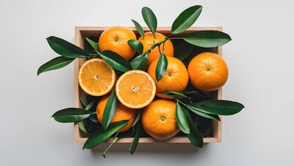Poster - Fresh ripe oranges with green leaves arranged in a wooden box on a light gray surface viewed from above, ample white space for text placement.