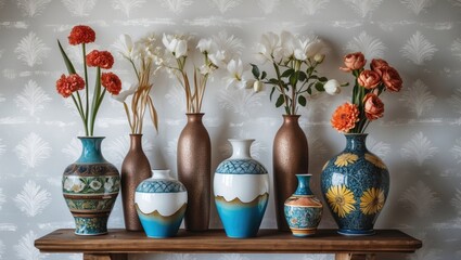 Aufkleber - Colorful decorative vases arranged on a wooden shelf with a white wallpaper background featuring floral accents in warm and cool tones.