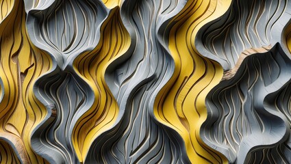 Leinwandbilder - Close-up of a textured abstract pattern showcasing wavy lines in yellow and gray hues, creating a volumetric effect with wood-like fibers.