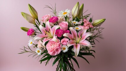 Aufkleber - Elegant bouquet of pink lilies, roses, carnations, and daisies arranged with greenery on a soft pastel pink background, showcasing vibrant floral beauty.