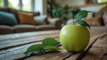 Poster - Green apple resting on rustic wooden table with leaves nearby, soft natural light illuminating cozy living room background and plush furniture.