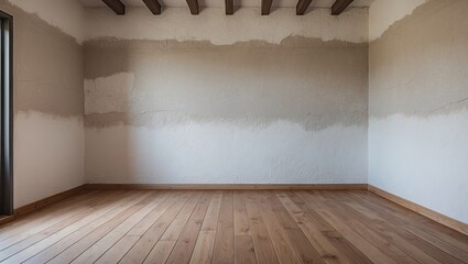 Fototapete - Spacious empty room featuring a white mortar wall with unfinished sections and warm wood laminate flooring, illuminated by natural light.