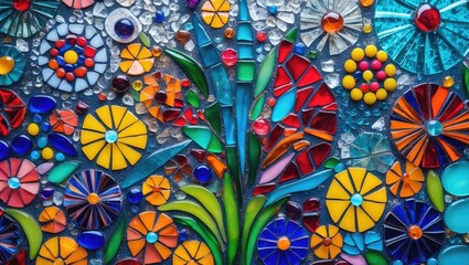 Fototapete - Vibrant glass mosaic floral design in red, yellow, and blue against an abstract shimmering wall background featuring intricate patterns and textures.