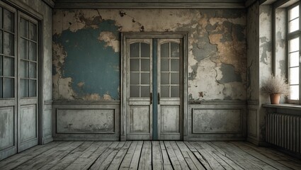 Fototapete - Grunge interior backdrop featuring peeling blue paint and aged wood flooring with double doors centered in a well-lit room illuminated by natural light.