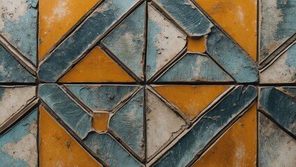 Poster - Geometric tiled design featuring blue, orange, and beige colors with coarse texture, close-up view highlighting intricate patterns and surfaces.