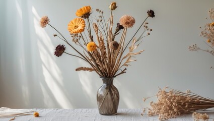 Poster - Dried flowers in a textured vase on a light table, adorned with yellow and brown blossoms against a soft background, ideal for text overlay.