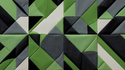 Leinwandbilder - Geometric abstract wall design featuring layered green, black, and gray triangles arranged in a dynamic pattern on a textured background.