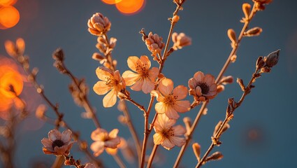 Poster - Delicate dried blossoms illuminated by warm orange lighting against a soft blue background, creating a serene and calming atmosphere.