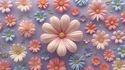 Poster - Pastel flower texture on a soft lavender background featuring pink, blue, and white blooms arranged in a playful design ideal for wallpaper.