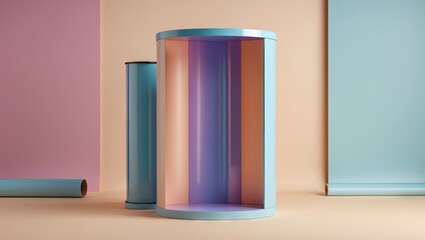 Poster - Cylindrical billboards in pastel colors of blue, pink, and orange on a soft orange backdrop, highlighting empty advertisement spaces and creativity.