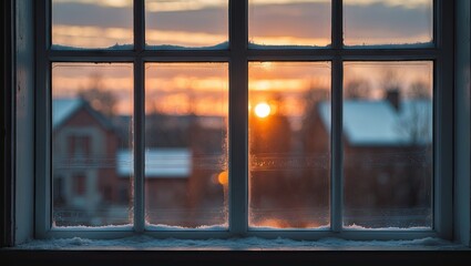 Poster - Winter sunset viewed through a snow-dusted window with warm orange and purple hues in the sky and silhouetted houses in the background.