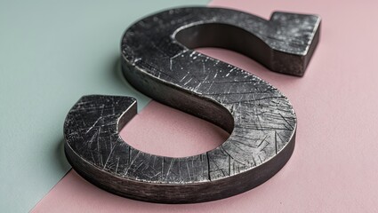 Fototapete - Uppercase letter S in scratched dark metallic texture positioned diagonally on a pastel pink and green background with sharp edges and clipping path