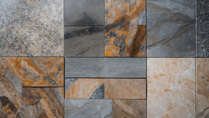 Fototapete - Granite wall with textured gray tiles and orange-brown veining arranged in a geometric pattern showcasing natural stone aesthetics.