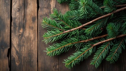 Poster - Green pine branches arranged diagonally on a rustic wooden table with dark brown tones, showcasing the texture and natural beauty of foliage.