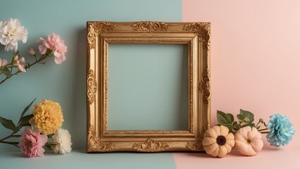 Poster - Elegant gold wooden frame positioned at center on pastel blue and pink background, adorned with soft flowers in various colors.
