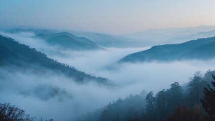 Aufkleber - Serene fog-covered blue mountains at dawn with misty valleys and soft light illuminating layered peaks in a tranquil landscape scene