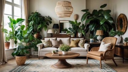 Aufkleber - Cozy living room with large green plants, beige sofa, wooden coffee table, and warm lighting creating a serene home decor ambiance.