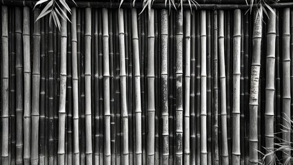 Poster - Weathered black and white bamboo wall showcasing vertical bamboo stalks with natural textures and muted tones, ideal for architectural design backgrounds.