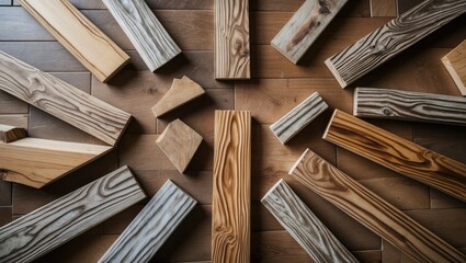 Poster - High angle view of imitation wood pieces in various shades of brown and gray arranged in a sunburst pattern on a polished wooden floor background