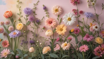 Aufkleber - Pastel background featuring a vibrant array of flowers in various hues including pink, purple, and yellow, arranged in a lush garden setting.