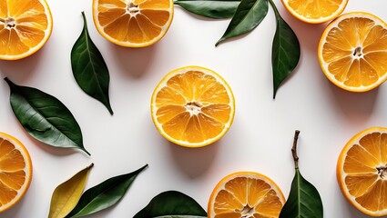 Poster - Flat lay of halved orange fruits arranged on a white background surrounded by green leaves creating ample copy space for text or design.