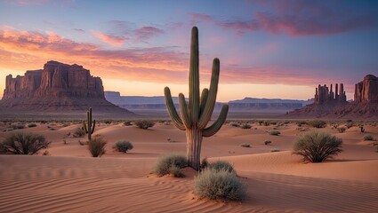 Poster - Desert landscape with a tall cactus in foreground vibrant orange and purple sunset in background showcasing natural beauty and serenity