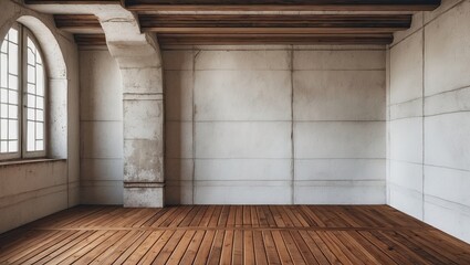Fototapete - Vintage interior space showcasing a white cement wall with a textured finish and warm brown wooden flooring, sunlight streaming through a window.