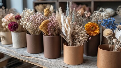 Fototapete - Dried floral arrangements in various brown containers showcased on a wooden table with soft natural light enhancing earthy tones and textures