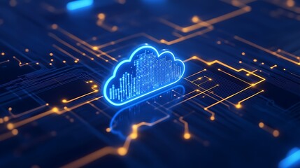 Wall Mural - digital cloud technology concept with circuit patterns and blue glowing elements on dark background