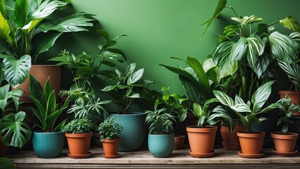 Poster - Lush houseplants in various pots arranged on a wooden shelf against a vibrant green background showcasing vibrant greens and earthy browns.