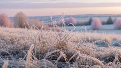 Aufkleber - Frost-covered grass in the foreground with pastel pink and purple trees under a soft winter sky creating a serene landscape in the background