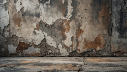 Poster - Grunge cement wall texture with rust and peeling paint in shades of gray and brown featuring a stark floor surface with cracks and stains.