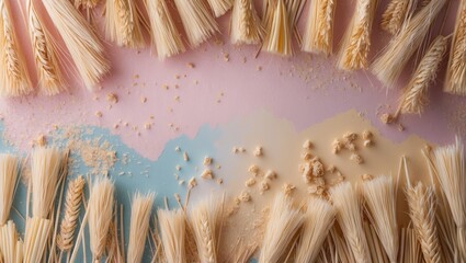 Aufkleber - Pastel backdrop featuring soft pink and blue hues with arranged straw and wheat elements creating an elegant, textured composition.