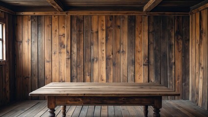 Leinwandbilder - Rustic wooden table positioned centrally in a dimly lit room with warm brown wooden walls and floor, perfect for product placement and backgrounds.