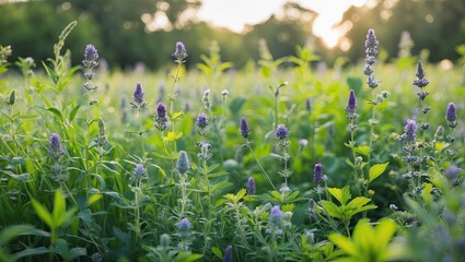 Poster - Vibrant field of healing herbs with lush green foliage and scattered purple flowers illuminated by soft sunlight in the background for text placement