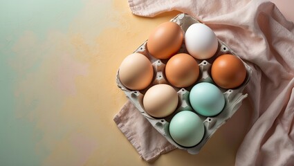 Poster - Pastel colored eggs arranged in a carton on a soft muted background with a light fabric draped in the upper corner creating a serene vibe