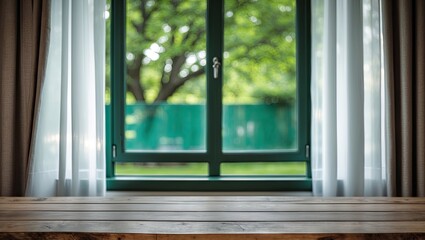 Leinwandbilder - A serene indoor scene showcasing an open green window with sheer white curtains revealing a lush tree outside, natural light illuminating a wooden table.