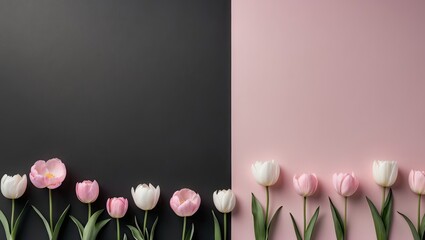 Poster - Elegant arrangement of white and pink tulips on a split black and pastel pink background, ideal for spring presentations and calendars.