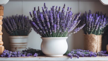 Poster - Lavender flowers in a white pot on a wooden shelf surrounded by additional lavender arrangements in muted purple and natural tones.