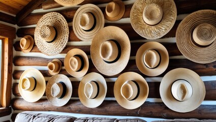 Leinwandbilder - Creative display of decorative straw hats arranged on a rustic log wall with natural brown wooden beams in a cozy home interior setting.