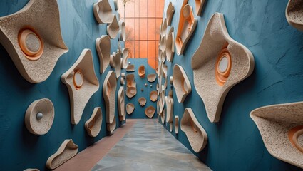 Fototapete - Decorative abstract wall featuring textured beige and blue elements arranged asymmetrically in a corridor with natural light filtering in.