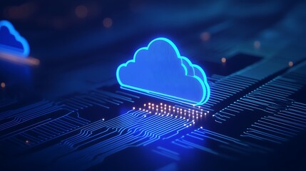 Wall Mural - futuristic cloud computing concept with 3d cloud icon over circuit board design in blue and neon lig