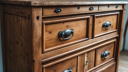 Aufkleber - Vintage wooden cabinet chest with five front drawers in warm brown tones, featuring ornate metal handles in classic design and natural wood grain texture.