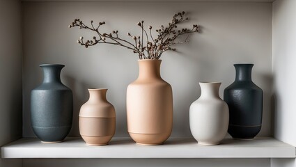 Fototapete - Minimalist ceramic vases in neutral tones displayed on a light-colored shelf with dried flowers accentuating their elegant shapes and textures.