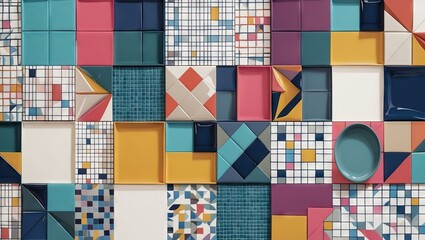 Aufkleber - Colorful geometric tile patterns in squares and rectangles featuring shades of blue, orange, yellow, and pink arranged in a vibrant mosaic layout.