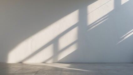 Fototapete - Soft gray shadows cast on a clean white wall with a light floor. Shadows create abstract geometric shapes, enhancing minimalist aesthetics.