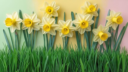 Aufkleber - Yellow daffodils blooming amidst lush green grass set against a soft pastel pink and yellow background creating a vibrant spring atmosphere.