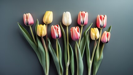 Fototapete - Group of vibrant tulips in shades of pink, yellow, and white arranged on a soft gray background with elongated green leaves.