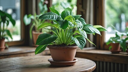 Poster - Lush green indoor plant in a terracotta pot on a rustic wooden table under soft natural light near window, enhancing a cozy atmosphere.